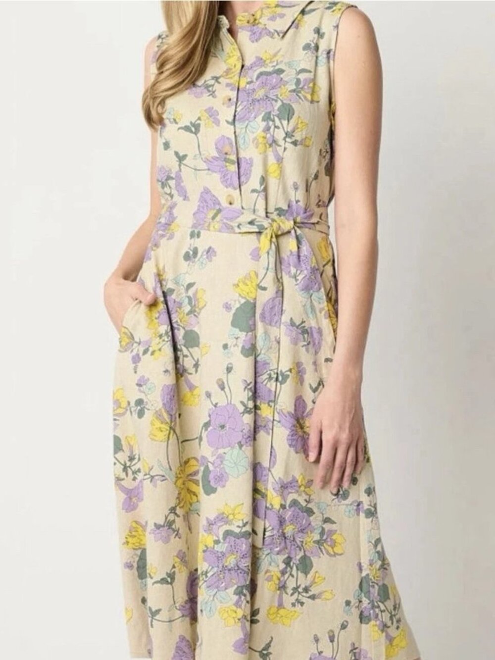 Liz Claiborne Linen Floral Belted Fit & Flare Midi Sleeveless Dress